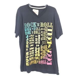 Red Camel Brand Rock' N Roll Colorful V Neck Black Graphic T-Shirt XL 1058
